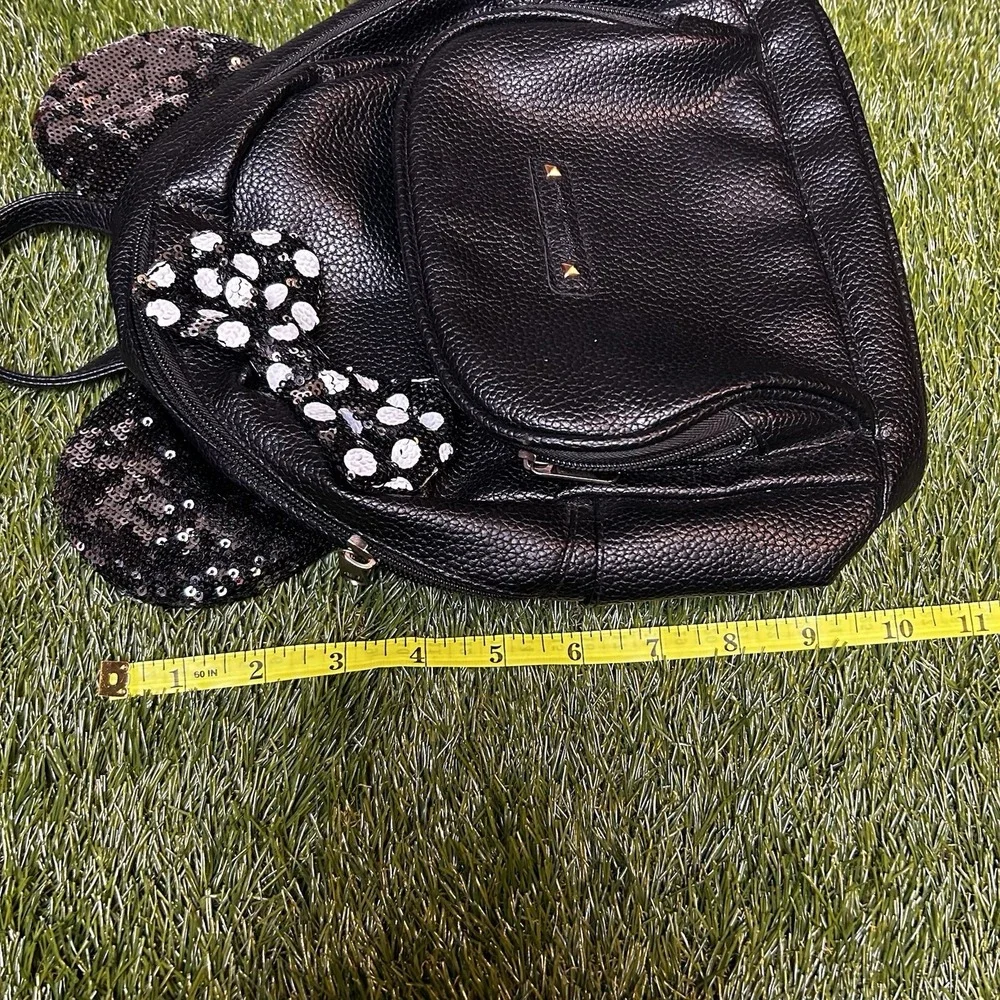 Disney Minnie Mouse Sequin Ear Mini Backpack Black Pebbled‎ Faux Leather Bow